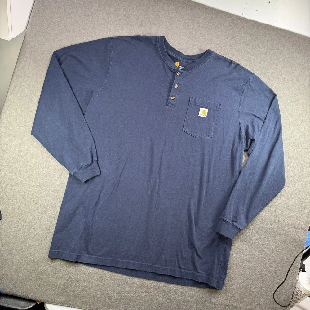 Carhartt Henley Shirt Men 2XL Tall Blue Long Sleeve K128 Pocket Workwear Tee